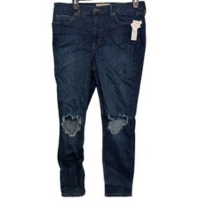 Free People Dark Blue Distressed Knee Skinny Jeans Size 31R Stretch Cotton Blend